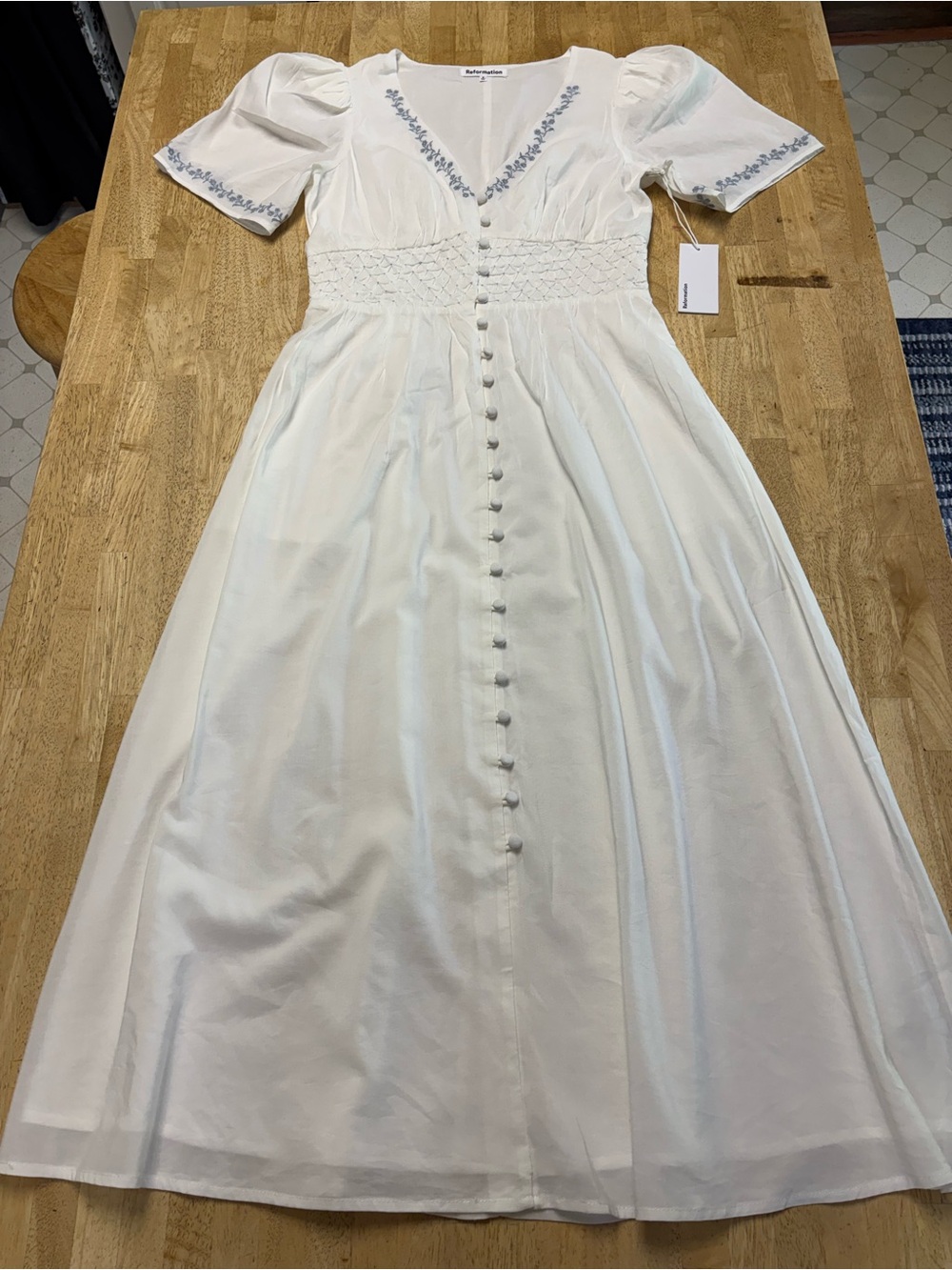NWT Reformation White Maxi Dress with Blue Floral Embroidery